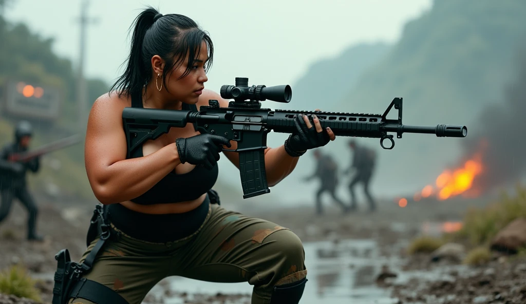 A beautiful indonesian women, a bit chubby, huge beasted, droopies breasts, wet tied bobcut hair, wear wet tanktop, wear tactical camouflage pant, tactical boots, holding a m16 gun, serious face expression, aiming the target,  in the chaotic battlefield under the rain, war with alien,  realistic photography, natural light, 