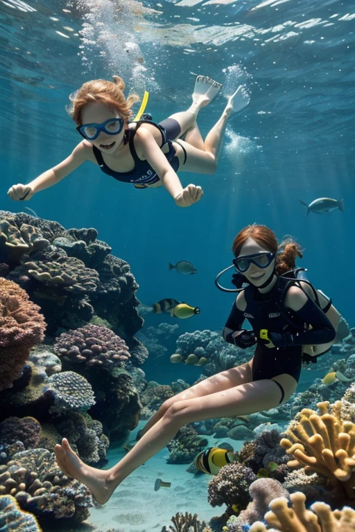 Happy skinny kids family scuba-diver sweden, with short ginger hair, dressed in light panties swimsuit, happy to pet fish, on a scorching summer day, in the lagoon on holidays.