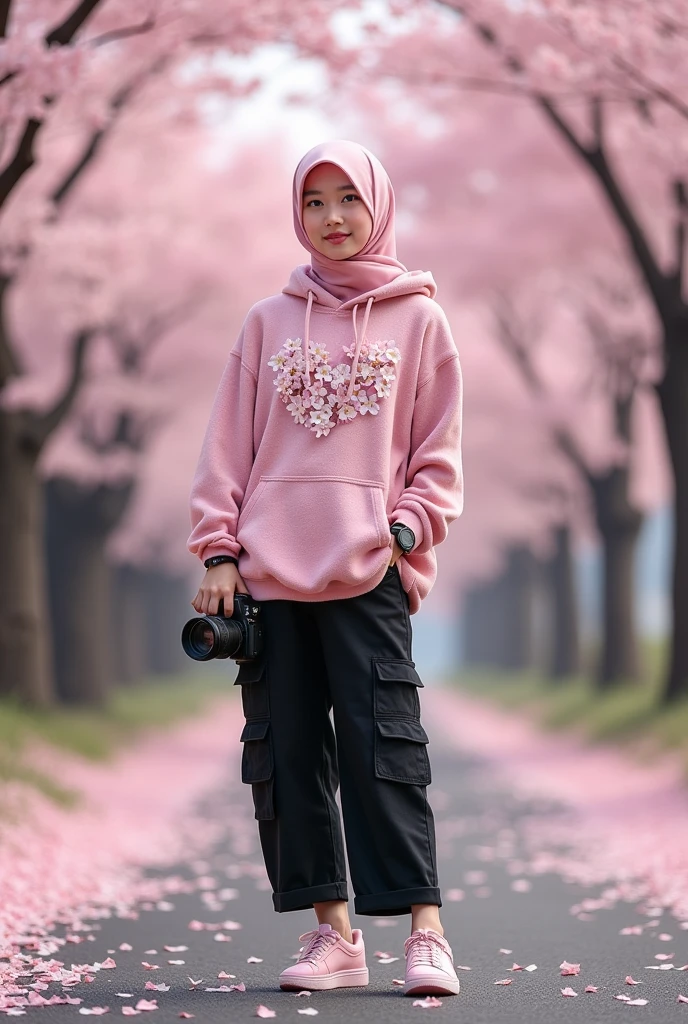 Beautiful Korean girl with white skin. Well-groomed face, pink hijab, pink knit hoodie decorated with cherry blossom motifs, black cropped trousers with lots of pockets, pink snack shoes, cool watch, standing under a cherry blossom tree, carrying a cool Nikon camera, left and right the road is covered with cherry blossom trees which is blooming. , some cherry blossoms falling, the background of a very wide and beautiful cherry blossom field, Real photo, realistic