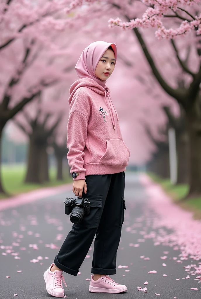 Beautiful Korean girl with white skin. Well-groomed face, pink hijab, pink knit hoodie decorated with cherry blossom motifs, black cropped trousers with lots of pockets, pink snack shoes, cool watch, standing under a cherry blossom tree, carrying a cool Nikon camera, left and right the road is covered with cherry blossom trees which is blooming. , some cherry blossoms falling, the background of a very wide and beautiful cherry blossom field, Real photo, realistic