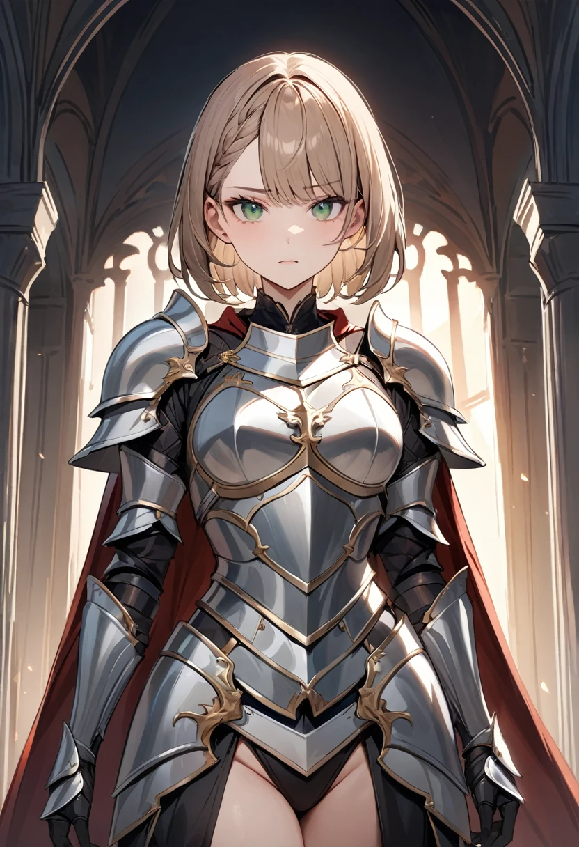 (masterpiece, top quality, very aesthetic, 4k、illustration), ()、intricate detail, 1woman,solo,contrapposto 、(gradient eyes、tareme)、very short hair、asymmetrical bangs,Fair skin,(upper body)、beautiful women、clear face、Serious Face、(Full Plate Armor、waist-cape armor),beautiful face、(gradient hair)、(braid light brown hair)、sidelock ,,green eyes、Knight Armor、Full Body white and Silver Armor、medium breasts、slender 、Cape