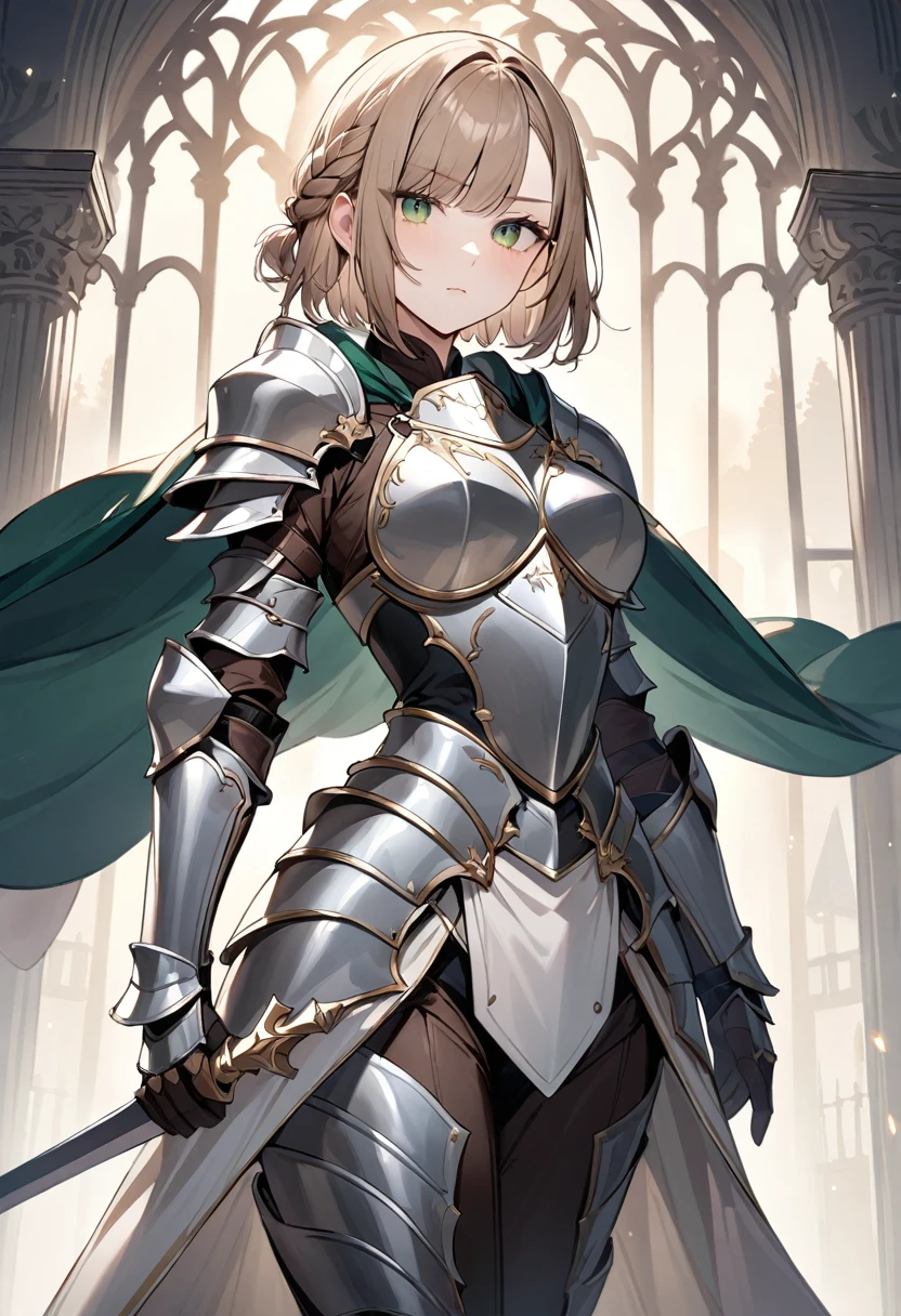 (masterpiece, top quality, very aesthetic, 4k、illustration), ()、intricate detail, 1woman,solo,contrapposto 、(gradient eyes、tareme)、very short hair、asymmetrical bangs,Fair skin,(upper body)、beautiful women、clear face、Serious Face、(Full Plate Armor、waist-cape armor),beautiful face、(gradient hair)、(braid light brown hair)、sidelock ,,green eyes、Knight Armor、Full Body white and Silver Armor、medium breasts、slender 、Cape