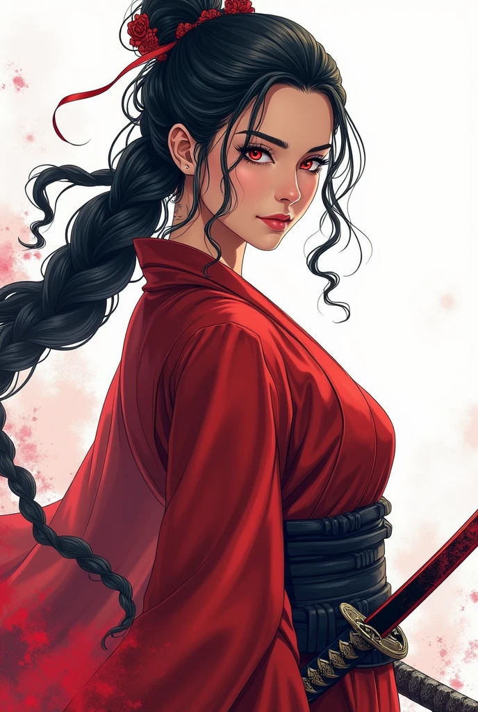 colombian female samurai 4k graphics Smooth lines Bleach anime style colombian samurai Beautiful woman Braids Clean line art Watercolor Crimson red iris Beautiful Adult Grown woman