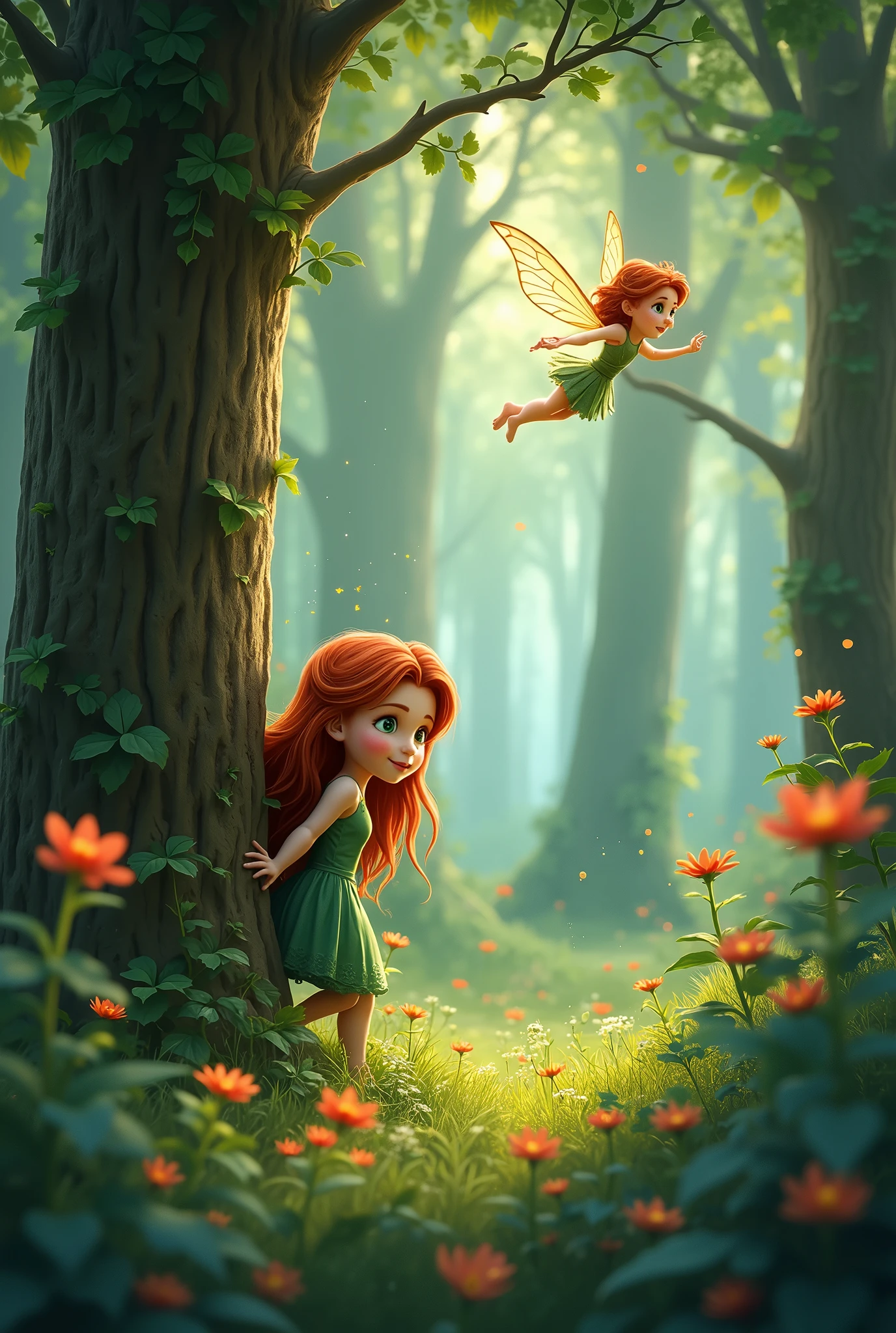 Ivy and Luna playing hide-and-seek
_Image prompt:_ Ivy hiding behind a tree, with Luna flying around, looking for her, amidst a backdrop of tall trees and colorful flowers.