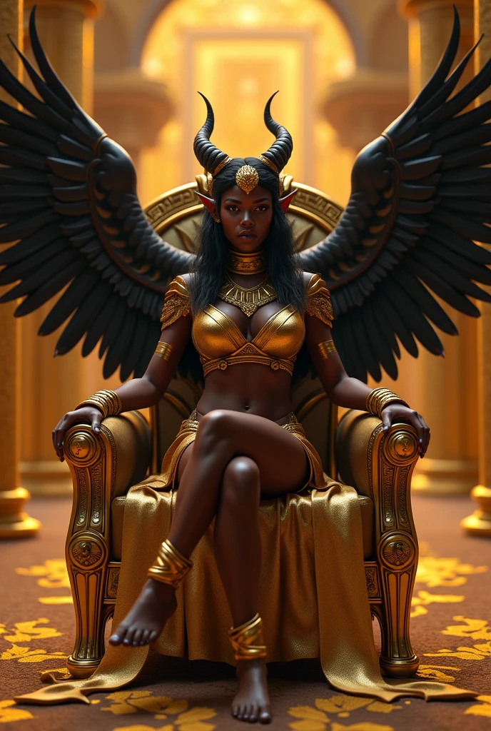 a woman in a gold outfit and a tiger, muscular warrior women, the smooth black lioness, queen, wakanda, epic 3 d oshun, Fundo wakanda, woman strong, skin lightskin black, dark skin female goddess of love, black panther, Warrior Woman, amazon warrior, posing for a fight intricate, trending in cgsociety, horned girl, devil horns, elf ears, cleavage, thigh, short skirt, sexy, wide black wings, golden Egyptian castle, golden egyptian outfit, sitting on golden throne, legs crossed, legs crossed seductively, sexy, looking down at viewer, down up view