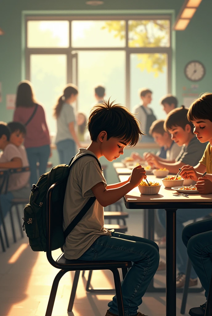 A young boy in his early teens, of lower socioeconomic background, is seated alone in a school cafeteria. He wears worn-out clothes and his backpack is frayed. Around him, other students are laughing and socializing in well-dressed groups, while he eats a modest lunch with a downcast expression. The environment reflects a stark contrast between his situation and that of his peers. The cafeteria is bright but his isolation and the disparity in his appearance are evident.