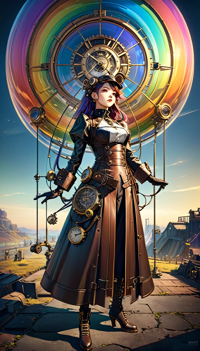 Rainbow colors、Rainbow colorsの機械式空飛ぶクジラ, steampunk, Dieselpunk, Clockpunk, Mysterious color scheme, Twilight light effect, Conceptual installation fantasy art, 2.5D, delicate and dynamic、16K, Ultra-high resolution, Ultra-high resolution, to be born,wonderful ,future、Rainbow colorsの、The world 30 years from now