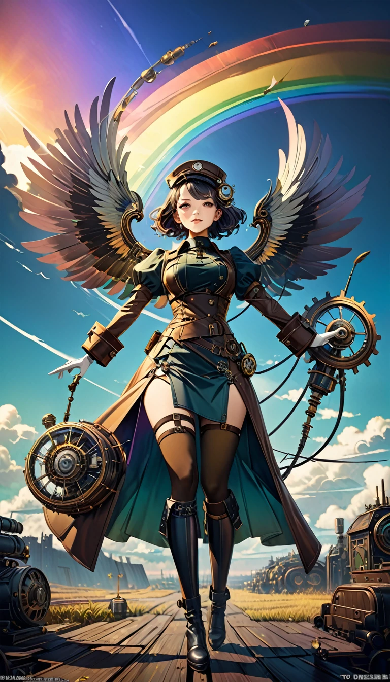 Rainbow colors、Rainbow colorsの機械式空飛ぶクジラ, steampunk, Dieselpunk, Clockpunk, Mysterious color scheme, Twilight light effect, Conceptual installation fantasy art, 2.5D, delicate and dynamic、16K, Ultra-high resolution, Ultra-high resolution, to be born,wonderful ,future、Rainbow colorsの、The world 30 years from now
