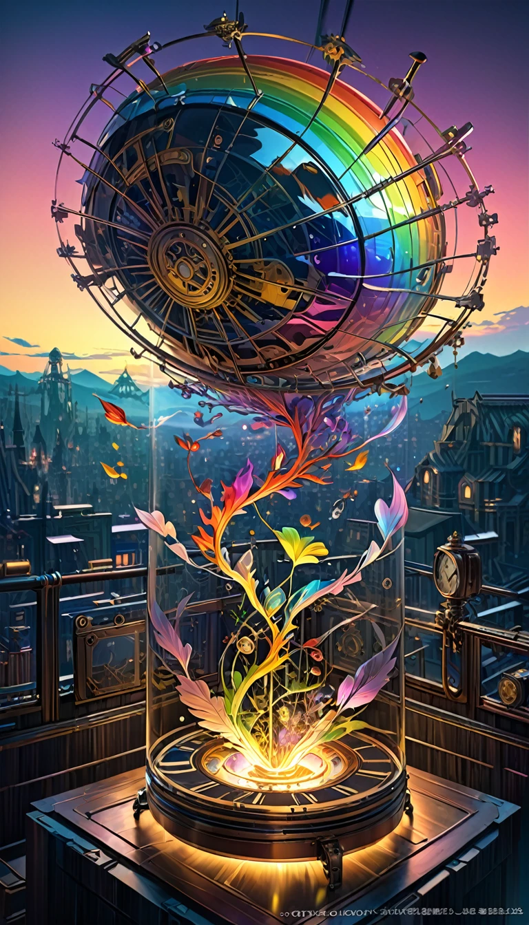 Rainbow colors、Rainbow colorsの機械式空飛ぶクジラ, steampunk, Dieselpunk, Clockpunk, Mysterious color scheme, Twilight light effect, Conceptual installation fantasy art, 2.5D, delicate and dynamic、16K, Ultra-high resolution, Ultra-high resolution, to be born,wonderful ,future、Rainbow colorsの、The world 30 years from now