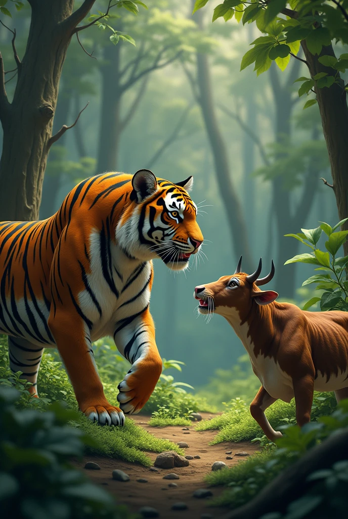 The cow suddenly encounters a tiger in the forest. The tiger is poised to attack, and the cow appears startled and ready to run.