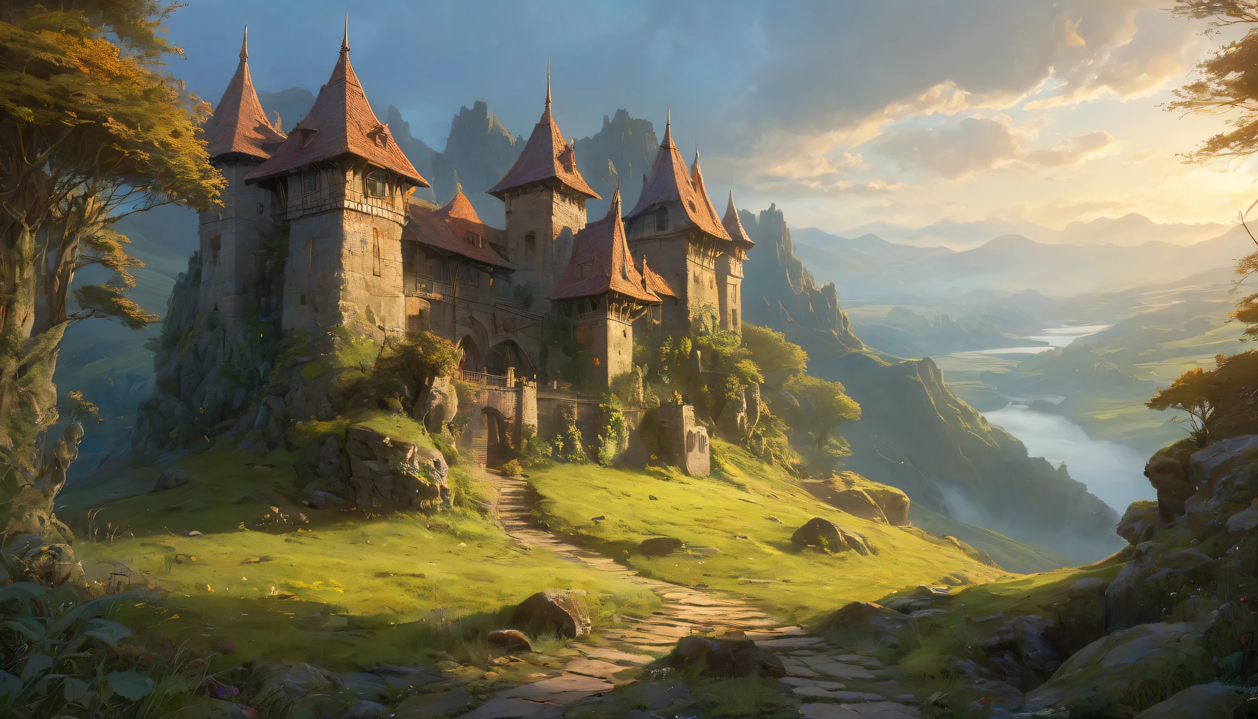 (anime, fantasy, small castle), (detailed CG unity 8k wallpaper, masterpiece, best quality, highly detailed, HDR:1.2), a small castle on the valley, detailed stone castle, stone road, heavenly atmosphere. {4k texture} {detailed landscape} {side angle shot}, vibrant color, intricate, ethereal lighting. From Brian Froud and Carne Griffiths and Wadim Kashin and John William Waterhouse