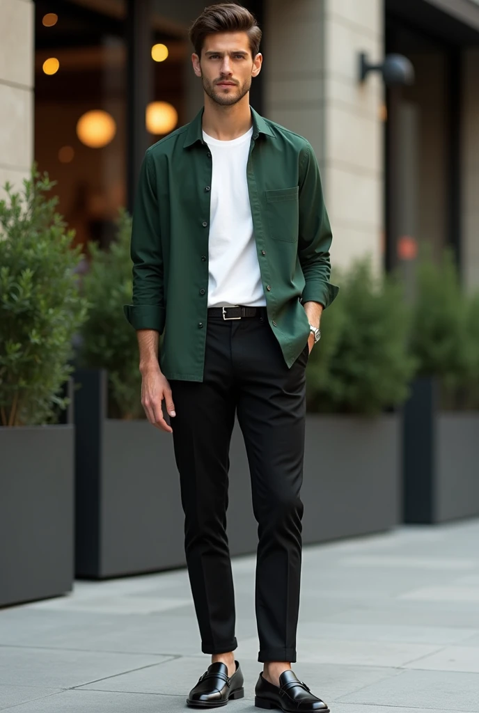 image: A slightly dark green shirt, White T-shirt inside, Black trousers, loafers
