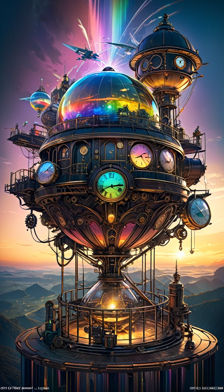 Rainbow colors、Rainbow colorsの機械式空飛ぶクジラ, steampunk, Dieselpunk, Clockpunk, Mysterious color scheme, Twilight light effect, Conceptual installation fantasy art, 2.5D, delicate and dynamic、16K, Ultra-high resolution, Ultra-high resolution, to be born,wonderful ,future、Rainbow colorsの、The world 30 years from now