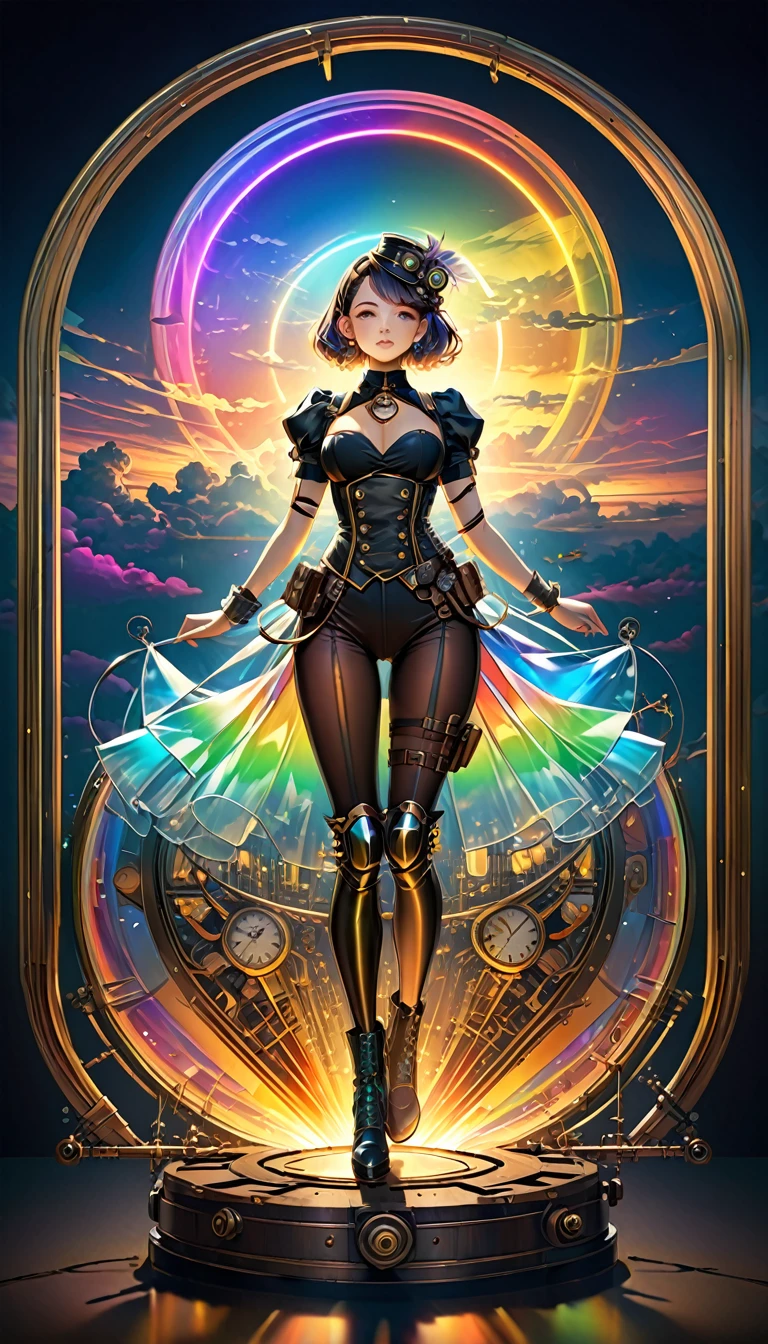 Rainbow colors、Rainbow colorsの機械式空飛ぶクジラ, steampunk, Dieselpunk, Clockpunk, Mysterious color scheme, Twilight light effect, Conceptual installation fantasy art, 2.5D, delicate and dynamic、16K, Ultra-high resolution, Ultra-high resolution, to be born,wonderful ,future、Rainbow colorsの、The world 30 years from now