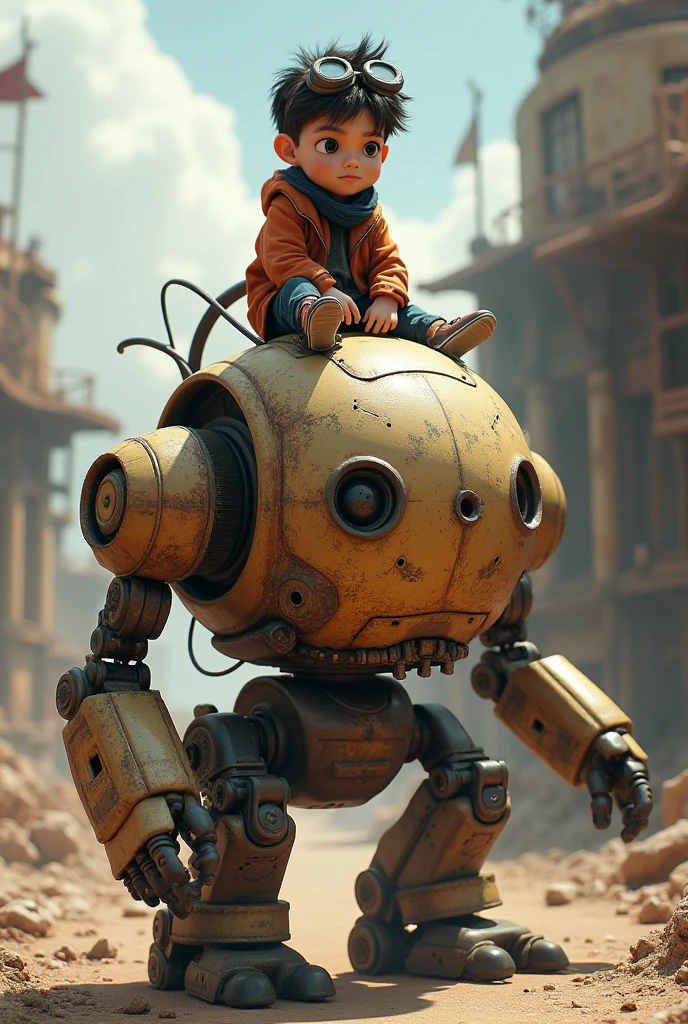 Boy sitting on old bot