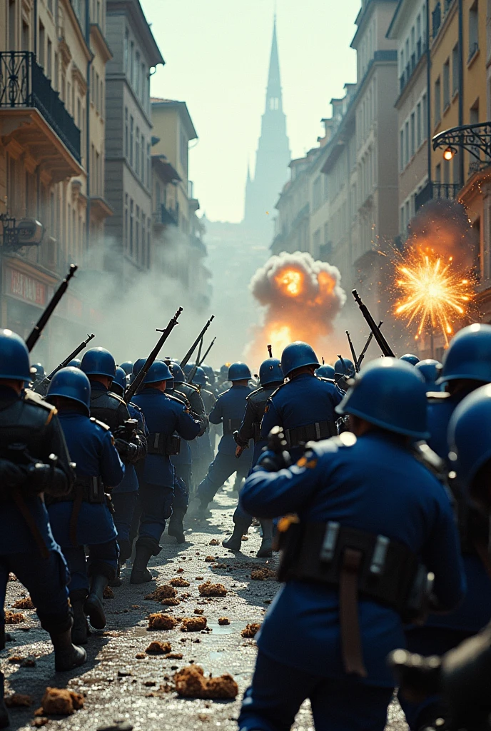 Create me an image of army currently on battle in the city of Lyon in 1970, the army wear blackish colored suit while the opponent use blue colored army suit