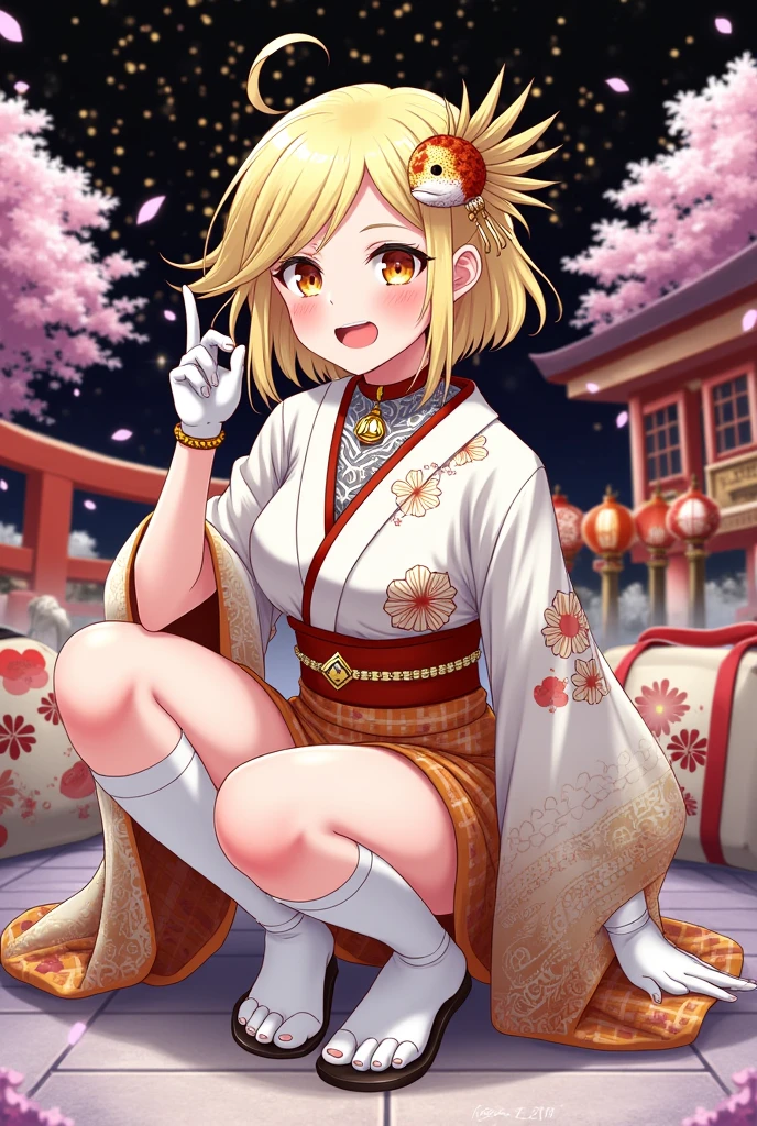 work of art, best qualityer, high resolution, 1 girl, hair blonde, medium hair, asymmetrical hair, floating hair, hair between the eyes, high ponytail, side locks, hair ornament, fish hair ornament, tassel, kanzashi, bangss, orange eyes, gaping mouth, ssmile, teeths, upper teeths only, choker, red choker, pendant choker, butterfly choker, clavicle, tatoo, chest tatoo, flower tatoo, neckleace, medium breasts, thicc thighs, bandages, perna enrangeda, Sarahashi, budget Sarahashi, chest Sarahashi, black range, if you do not, houkisei, Japanese clothing, kimono, kinchaku, Heart, Heartage, Heartjime, orange kimono, duffel bag, print kimono, lanyard, range, Shimenawa, short kimono, single bare shoulder, vision (impacto genshin), east asian architecture, Cherry blossoms, whole body, squatting down, Diamant, natta, fireworks, holding fireworks, legs together, feet, single glove, single fingerless glove, bracelet, blackstockings,