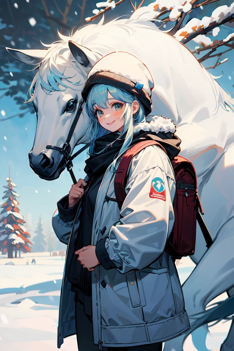(masterpiece, best quality:1.3), 8K, illustration, super detailed, highly detailed, (cowboy shot), 1girl, solo, light blue hair, long hair, winter hat, wearing backpack, (animal, white horse, white hair), standing side by side, ((snow fall)), winter season, scenery snow mountain background, vivid color, absurdres