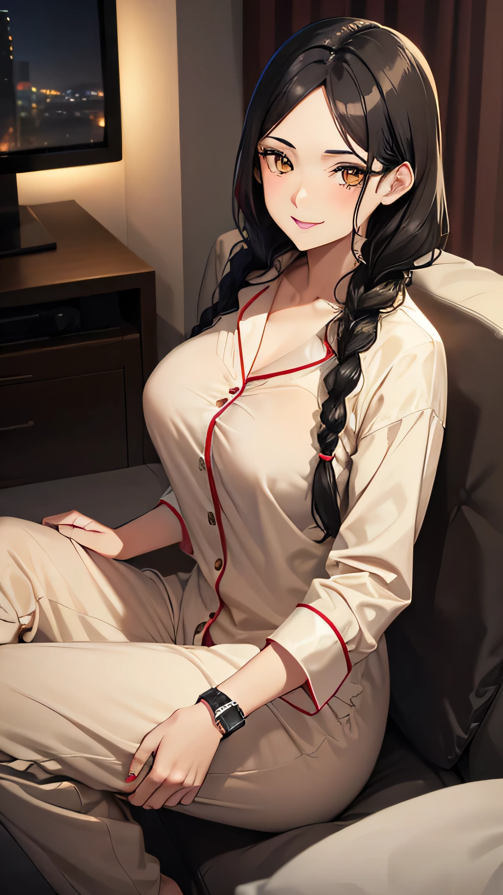 (adult woman: 1.2), black hair, golden eyes, pretty little mouth, beige skin, (2 braids: 1.2), smiling, big breasts at night, pajamas, ((watch TV))