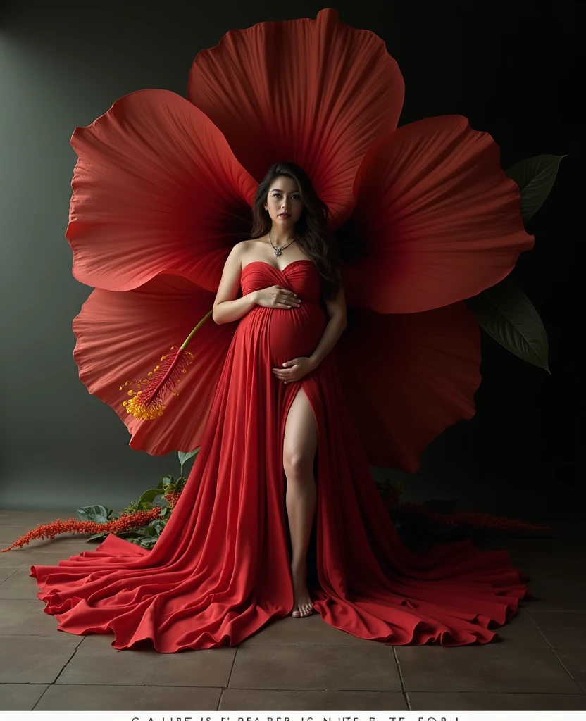 pregnant woman in red dress posing in front of large red flower, a portrait by Sam Black, shutterstock contest winner, art photography, draped with red hybiscus, rich red colors, draped in velvet and flowers, full body photoshoot, grayscale phtoto with red dress, maternal photography 4 k, award winning studio photo, in a red dress, rich red, some cloudy effect on ground , flowing leaf in air . some flower aroung the model