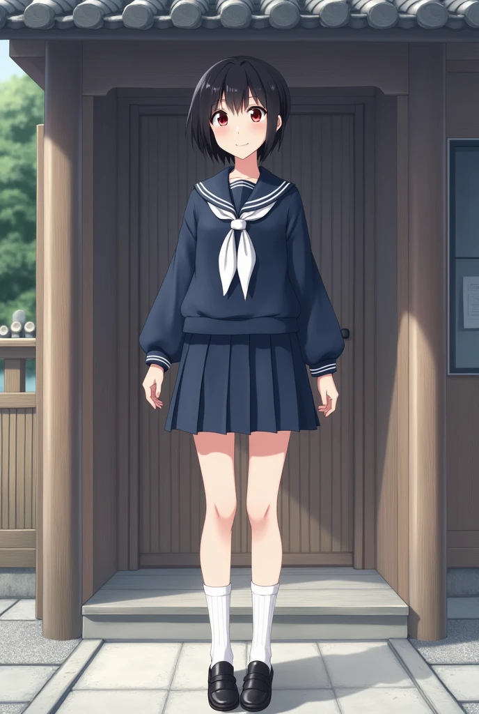 Standing next to the door of a Japanese house、high school girl、Black short hair、Navy long-sleeved sailor suit、skirt,Deep red eyes、barefoot、Cool smile、Full body portrait,Black Loafers,White socks