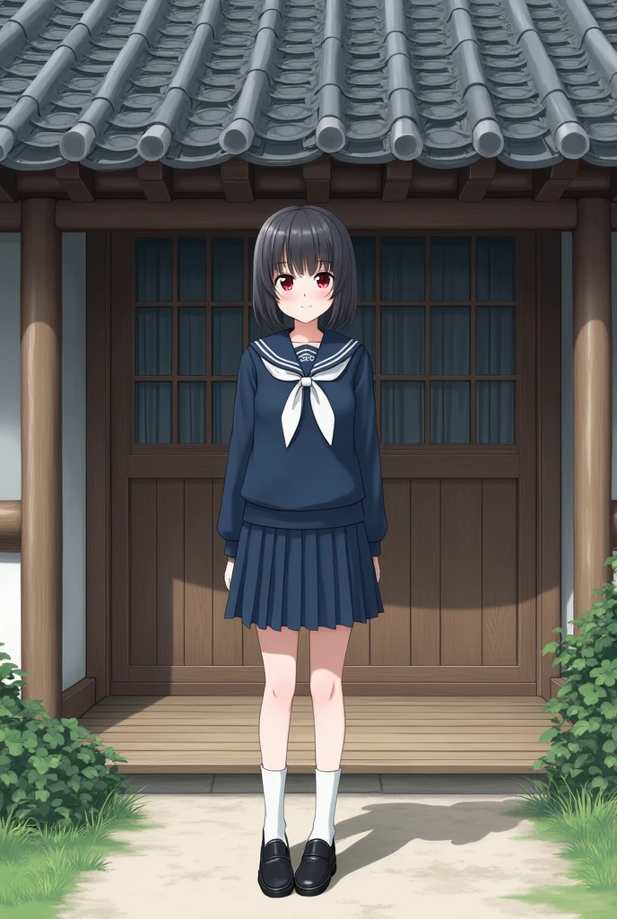 Standing in front of a Japanese house、high school girl、Black short hair、Navy long-sleeved sailor suit、skirt,Deep red eyes、barefoot、Cool smile、Full body portrait,Black Loafers,White socks,tall