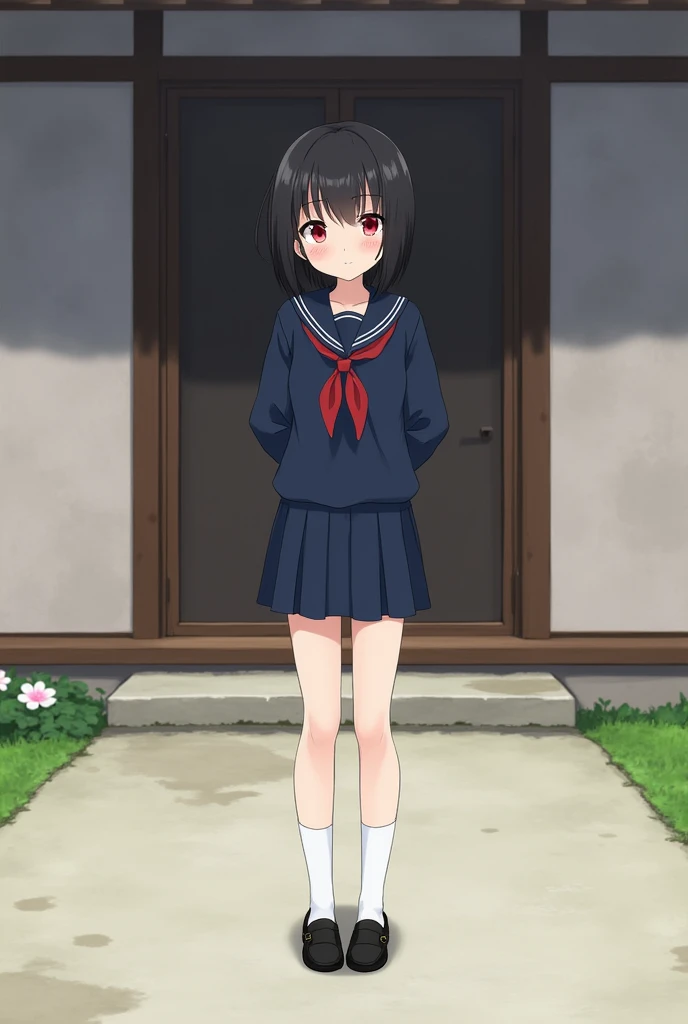 Standing in front of a Japanese house、high school girl、Black short hair、Navy long-sleeved sailor suit、skirt,Deep red eyes、barefoot、Cool smile、Full body portrait,Black Loafers,White socks,tall