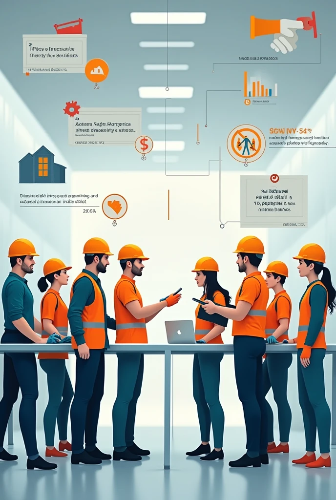 1. Slogan: "Safety First, Success Follows!"
Poster Design:

Visual Elements: Depict a diverse group of employees working together in a clean, organized workspace, with safety gear (helmets, gloves, etc.) visibly worn.
Message: Highlight the connection between a safe work environment and the success of the business. Include statistics or icons showing reduced accidents and increased productivity.
