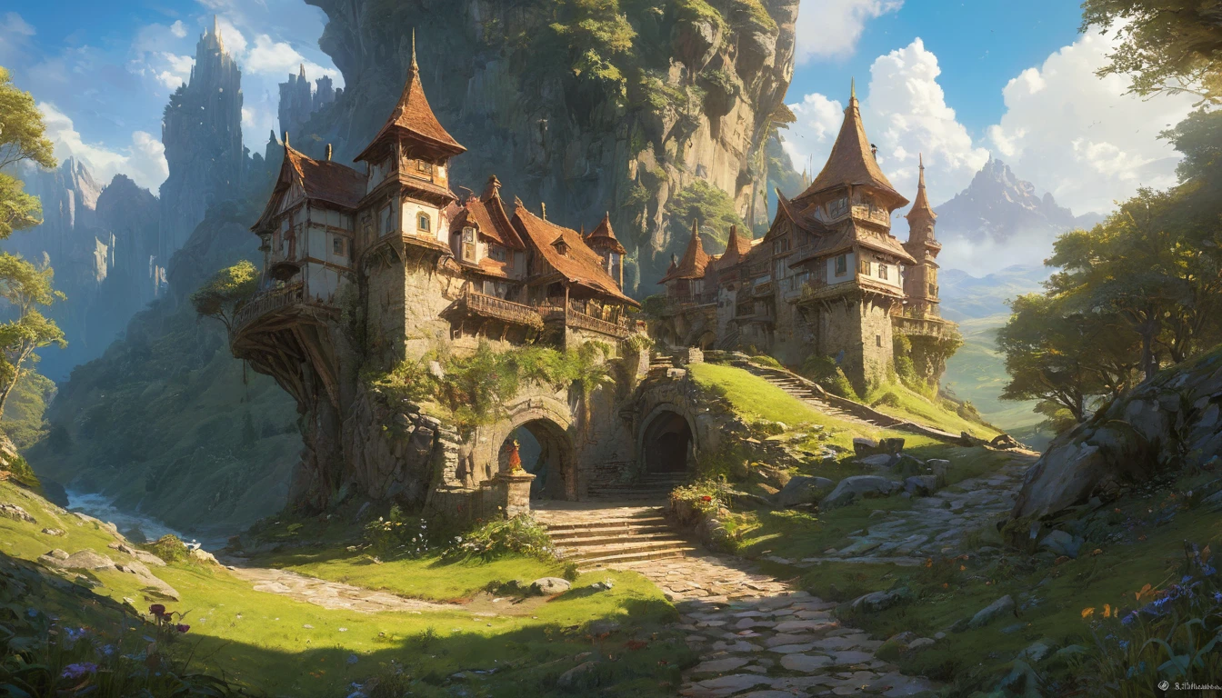 (anime, fantasy, small castle), (detailed CG unity 8k wallpaper, masterpiece, best quality, highly detailed, HDR:1.2), a small castle on the valley, detailed stone castle, stone road, heavenly atmosphere, clear blue sky. {4k texture} {detailed landscape} {side angle shot}, vibrant color, intricate, ethereal lighting. From Brian Froud and Carne Griffiths and Wadim Kashin and John William Waterhouse