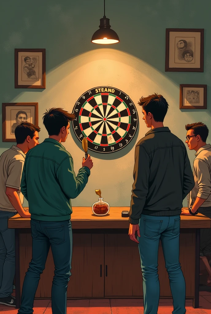 Black University students playing darts. Image must be art style.