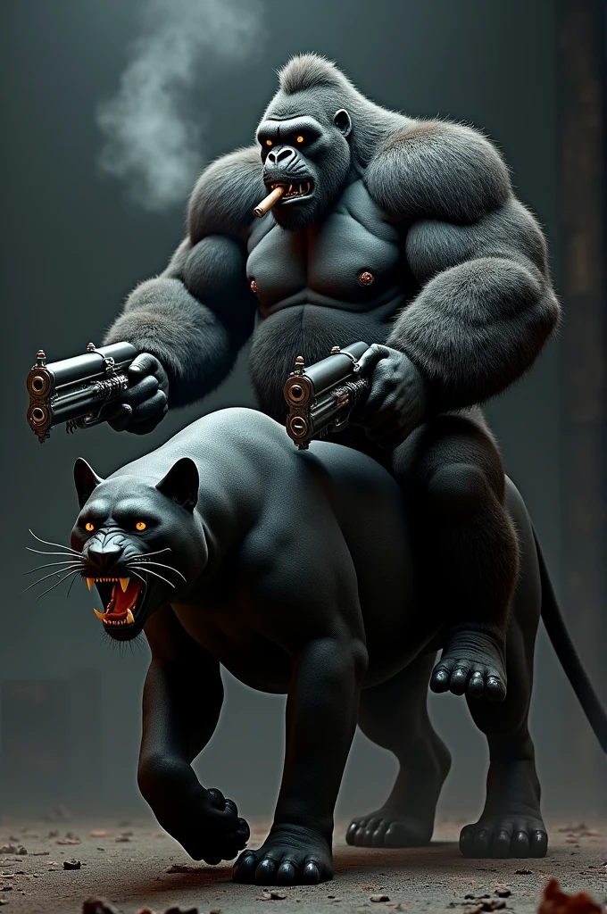 Fait moi un gorille qui chauvauche une pantherre noir armée avec deux mag58 et qui fume un cigare