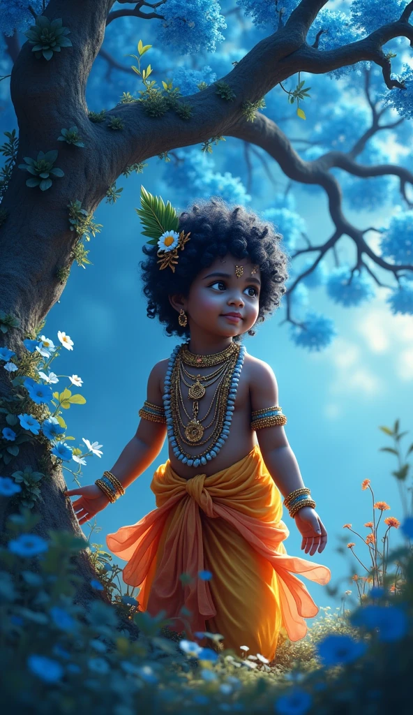 (photorealism:1.2), beautiful little Krishna and background blue tree