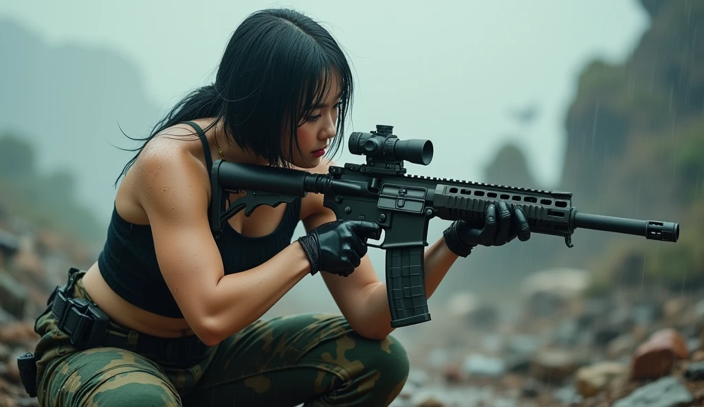 A beautiful korean women (song hye kyo), a bit chubby, huge beasted, droopies breasts, wet tied bobcut hair, wear wet tanktop, wear tactical camouflage pant, tactical boots, holding a m16 gun, serious face expression, aiming the target, in the chaotic battlefield under the rain, war with alien, realistic photography, natural light,
