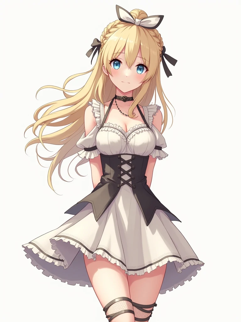 HiroyaOku2023, manga,, Ultra detailed, masterpiece, Best quality, One, soft smile, slight smile,
1 girl, Blue eyes, Very long hair, blonde hair, long blonde hair, french braid, bang, medium breast,
hair ribbon, Ruffled Choker, criss-cross halter, sleeveless dress, High-waisted Skirt, backless dress, waist bow, cut off sleeves, frilled sleeves, wide sleeves, tights, patterned stockings, Mary Janes, handcuffs, hands behind your back, hands together, tied legs, legs in ropes