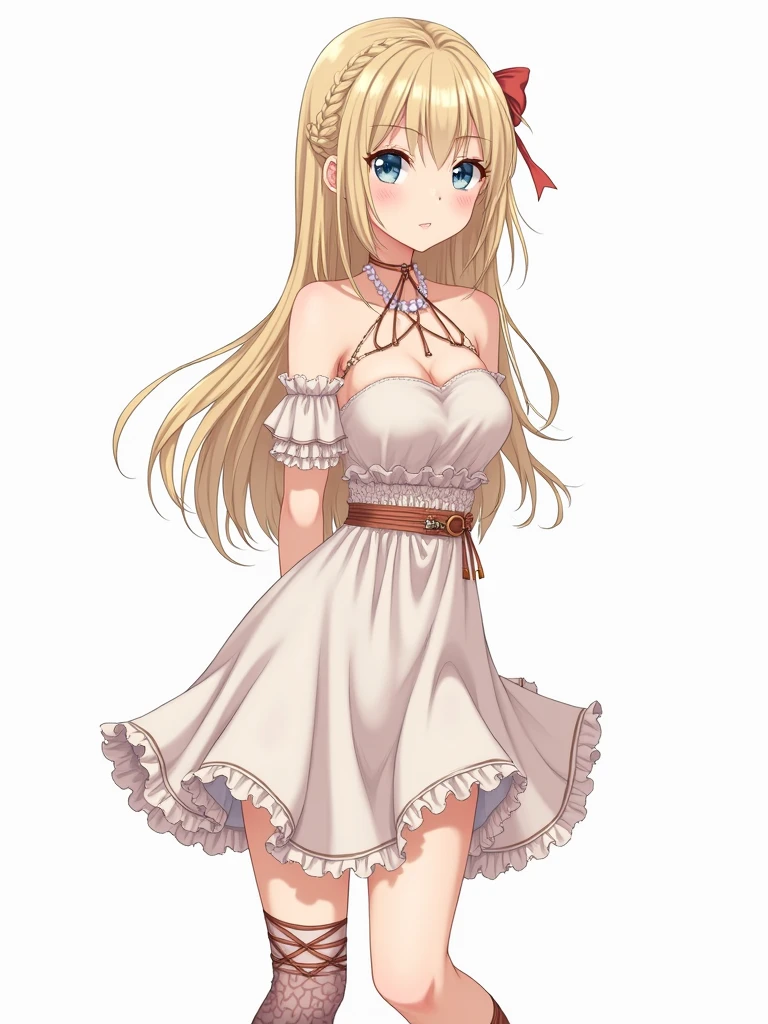 HiroyaOku2023, manga,, Ultra detailed, masterpiece, Best quality, One, soft smile, slight smile,
1 girl, Blue eyes, Very long hair, blonde hair, long blonde hair, french braid, bang, medium breast,
hair ribbon, Ruffled Choker, criss-cross halter, sleeveless dress, High-waisted Skirt, backless dress, waist bow, cut off sleeves, frilled sleeves, wide sleeves, tights, patterned stockings, Mary Janes, handcuffs, hands behind your back, hands together, tied legs, legs in ropes