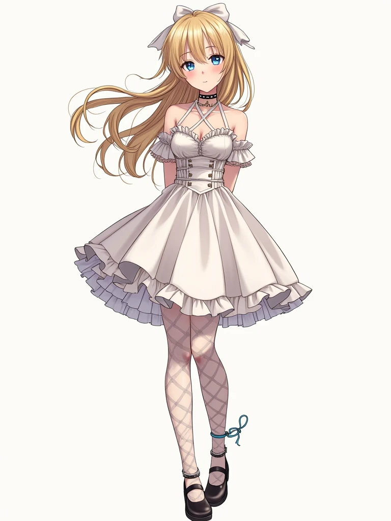 HiroyaOku2023, manga,, Ultra detailed, masterpiece, Best quality, One, soft smile, slight smile,
1 girl, Blue eyes, Very long hair, blonde hair, long blonde hair, french braid, bang, medium breast,
hair ribbon, Ruffled Choker, criss-cross halter, sleeveless dress, High-waisted Skirt, backless dress, waist bow, cut off sleeves, frilled sleeves, wide sleeves, tights, patterned stockings, Mary Janes, handcuffs, hands behind your back, hands together, tied legs, legs in ropes