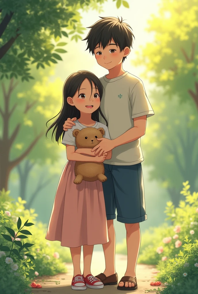 A Japanese boy, around , stands beside his younger sister, a cute girl around . They are both outside in a park, smiling warmly at the camera. The girl is holding a small stuffed toy, and the boy has a protective arm around her. The scene is cheerful and full of sibling love
