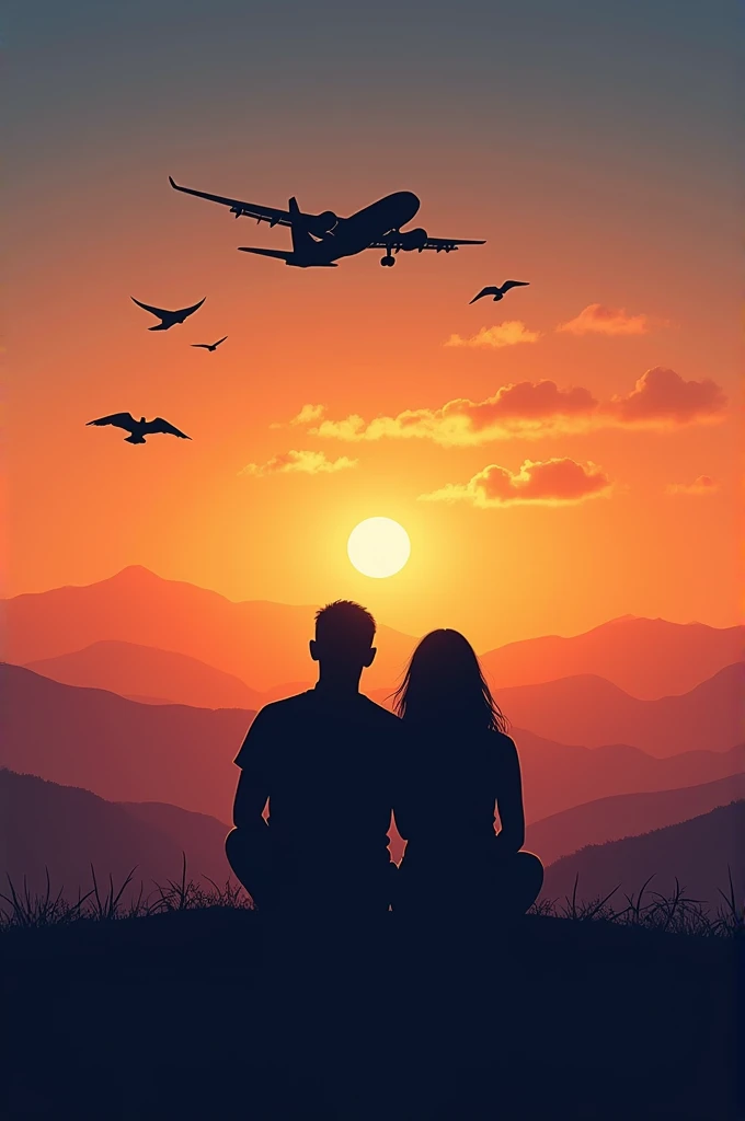 Couples sitting with airplane flyingat different color sunset in a on a beautiful hill top with birds flying