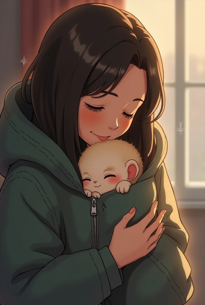 Luna snuggles into Ivy's pocket
_Image prompt:_ Ivy holding her jacket or shirt open, revealing Luna curled up and sleeping in her pocket, with a small smile on her face.