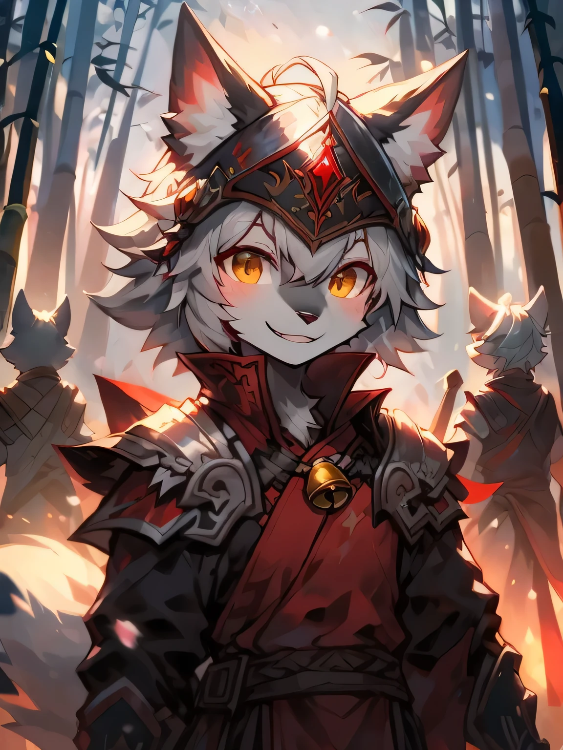 furry wolf black fur crimson pattern neck band black and gold bell winter bamboo forest traditional Chinese clothing low light night front view snow scene candied haws smile helmet armor camellia male silver hair general weapon