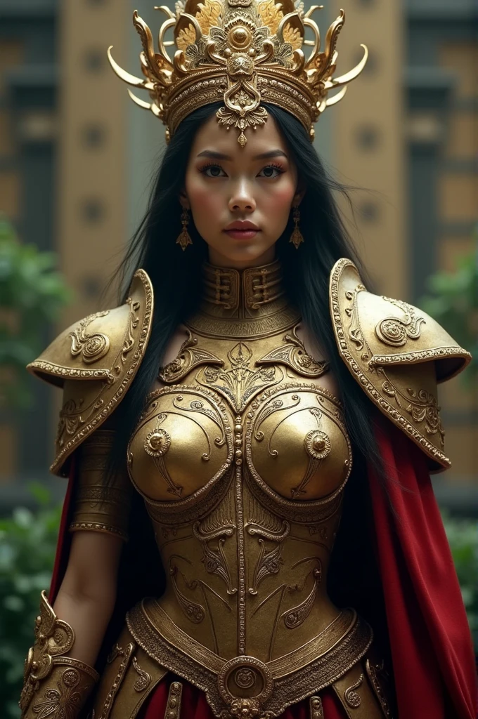 Beautiful Indonesian woman with big breasts, wearing armor and a crown on her head