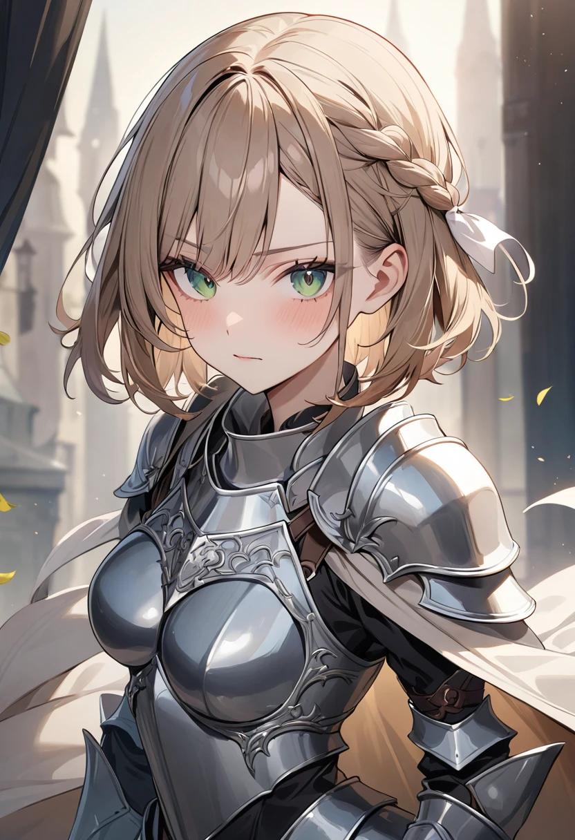(masterpiece, top quality, very aesthetic, 4k、illustration), ()、intricate detail, 1woman,solo,contrapposto 、(gradient eyes、tareme)、very short hair、asymmetrical bangs,Fair skin,(upper body)、beautiful women、clear face、Serious Face、(Full Plate Armor、waist-cape armor),beautiful face、(gradient hair)、(braid light brown hair)、sidelock ,,green eyes、Knight　Armor、Full Body  Silver and  white Armor、medium 、slender 、Cape