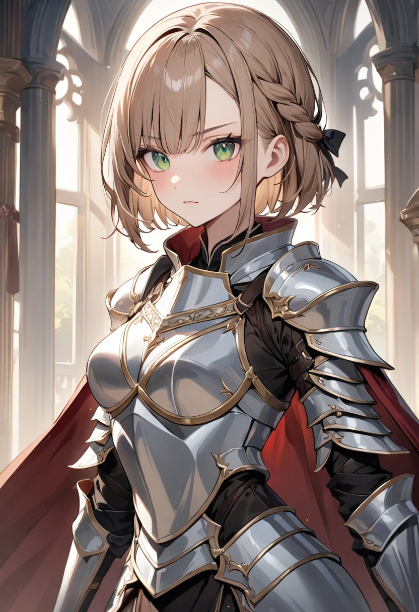 (masterpiece, top quality, very aesthetic, 4k、illustration), ()、intricate detail, 1woman,solo,contrapposto 、(gradient eyes、tareme)、very short hair、asymmetrical bangs,Fair skin,(upper body)、beautiful women、clear face、Serious Face、(Full Plate Armor、waist-cape armor),beautiful face、(gradient hair)、(braid light brown hair)、sidelock ,,green eyes、Knight　Armor、Full Body  Silver and  white Armor、medium breasts、slender 、Cape