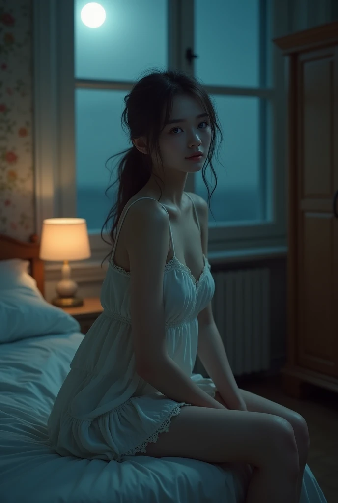 real photograph, (Top image quality, 8k, masterpiece), top-quality, 超A high resolution,Japan Girl, 18 year old, pretty face, lace bra, kawaii faces, Melancholy look, double eyelid、White breasts: 1.4、Bun Hair、night modern room、window, moon, Movie Lighting, Photorealsitic, real looking skin, NFSW, 35mm, Shot with Leica,