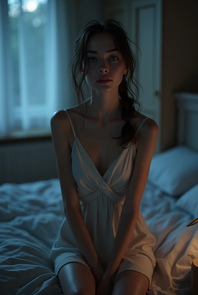 Skinny girl, thin, slim, pink bedroom, single bed, wardrobe, drawers, lamp, late evening, window, looking at camera, blue eyes, small, cute, sweet, nighttime, night, moonlight, realistic, nighttime, sat on edge of bed, smiling, smile, evil, naughty, seductive, brunette, camera looking down, looking up at camera, pale skin, very pale, 18, naked, nude, smiling, smile, mouth closed, cheek dimples, European, ponytail, summer dress

