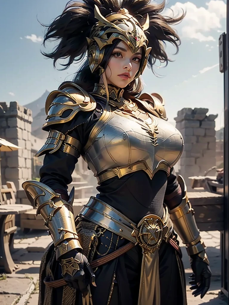 a beautiful golden-greek-armored warrioress, jet-black hair, spartan helmet, muscular, huge and heavy breasts, looking at viewer, modelshot pose, masterpiece, best quality, 8k, blurred background, medieval fantasy castle in the background