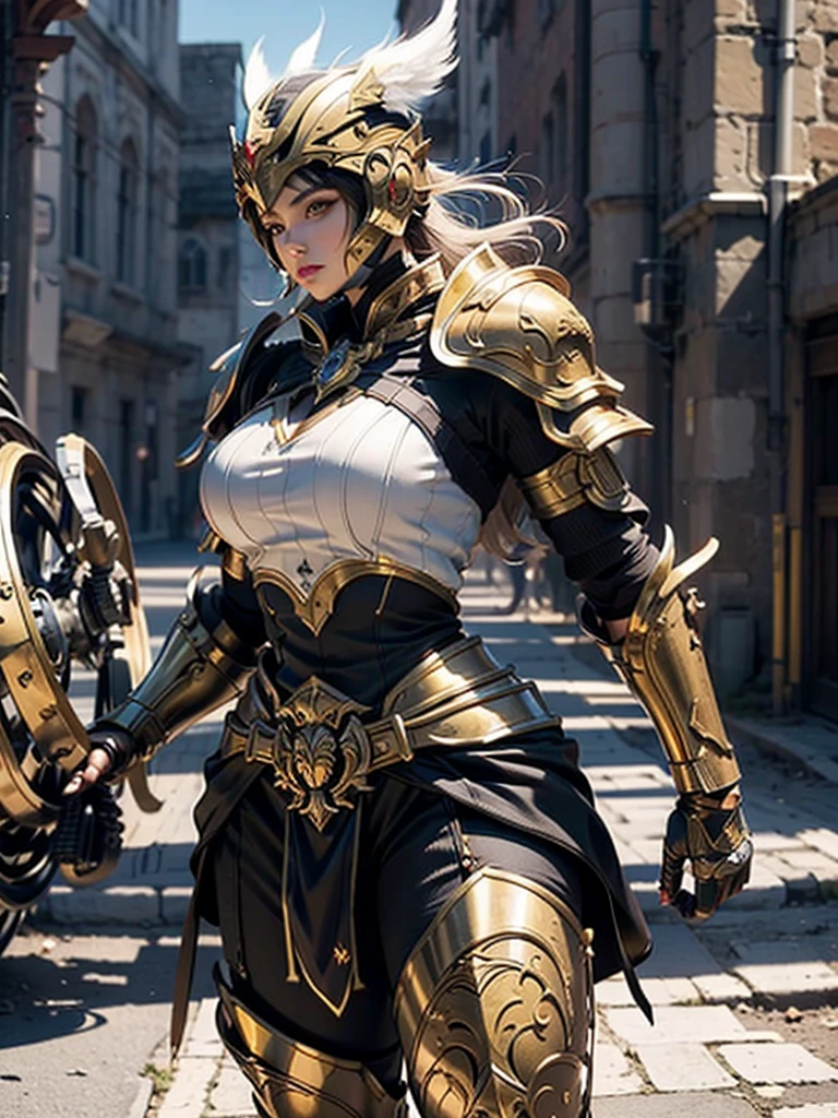 a beautiful golden-greek-armored warrioress, jet-black hair, spartan helmet, muscular, huge and heavy breasts, looking at viewer, modelshot pose, masterpiece, best quality, 8k, blurred background, medieval fantasy castle in the background