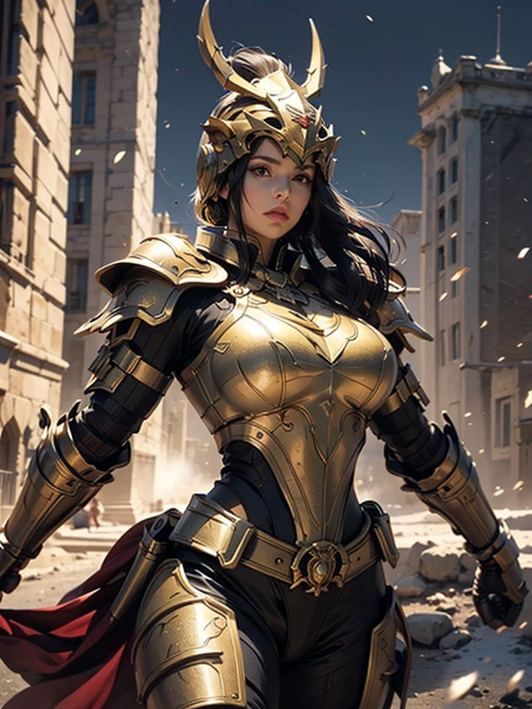 a beautiful golden-greek-armored warrioress, jet-black hair, spartan helmet, muscular, huge and heavy breasts, looking at viewer, modelshot pose, masterpiece, best quality, 8k, blurred background, medieval fantasy castle in the background