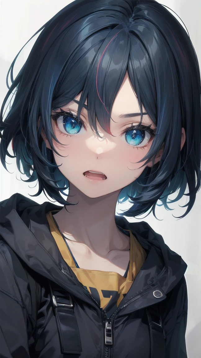 Close-up of a manga girl with blue hair and a yellow shirt, 2D Animation, 2D Animation style, 2D Art, 2D Art, 2D from Gorillaz, 2D from Gorillaz, 2D Gorillaz, Screaming Cerket, 2D Sprite, Jinx Face, short hair, Small breasts, hot pants, ((Black Hair, Inner bright blue hair:1.4))