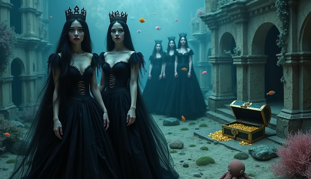 A full-body shot,(extra wide angle 16:9 ). (2 super realistic 18 y.o. gorgeous European vampire twin queens in front, dressed in a black ripped many layered medieval lace-dresses in many layered riven and flowing  with gothic garnish. Hyper-realistic blue sharp eyes 1:1, black long flowing hair with black crowns 1:1 )and (in the background 3 gorgeous queens with bright blue sharp eyes, light blonde long hair, wearing gold crowns with pink crystals and white and pale pink lace medieval dresses) all have best perfect hands, five fingers on each hand, small breasts cleavage, (hyper realistic perfect eyes 1:1). Face with Pale perfect detailed skin 1:1. Hyper detailed skin on body 1:1. Their faces have pale colored perfect detailed skin 1:1.  They are all floating in a dark deep sea above a((big medieval ballroom very old realistic 1:3) in an old gothic perished palace)) on the bottom of the sea. Night scene with only pale moonlight. On the bottom of the palace floor are pink corals. Sea moss. Bright colored blue, pink, orange, green fishes swimming around. Octopus. Treasure chest with gold coins and jewelry in it. A fantastic scene that uses 3D Surreal 3D model. (((Best eyes))) The entire setup is masterpiece 1:3 framed with the grandeur of medieval gothic style. photographed in a Canon EOS R5, 50mm Lens, F/2.8, (8K)"